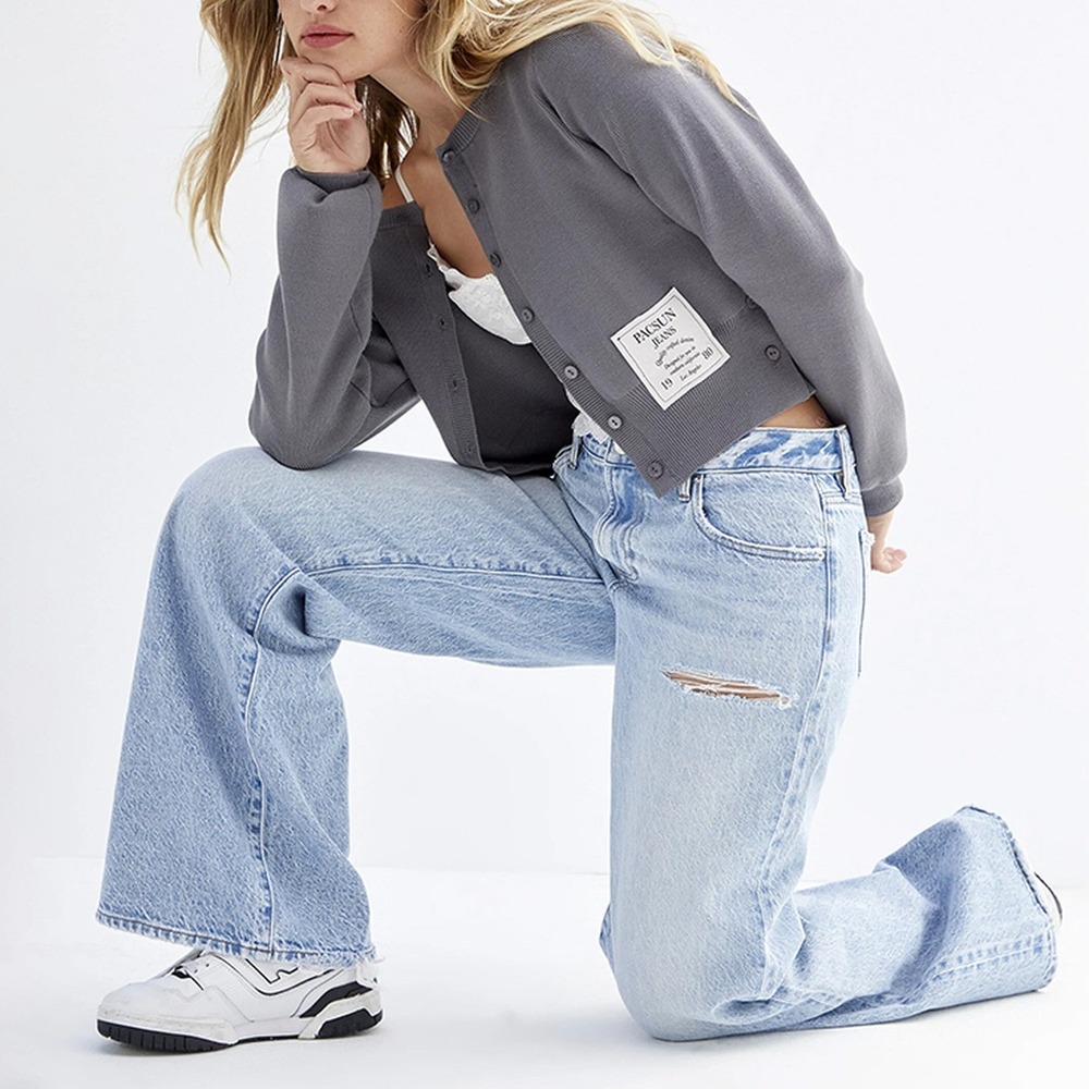 PacSun Lena Light Indigo Ripped Slit Low Rise Super Baggy Jeans Womens 27 Short